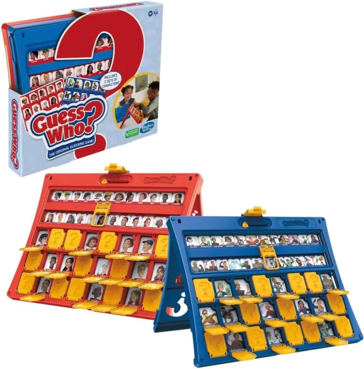 The Guess Who box with two playing surfaces in front of it, one red and one blue