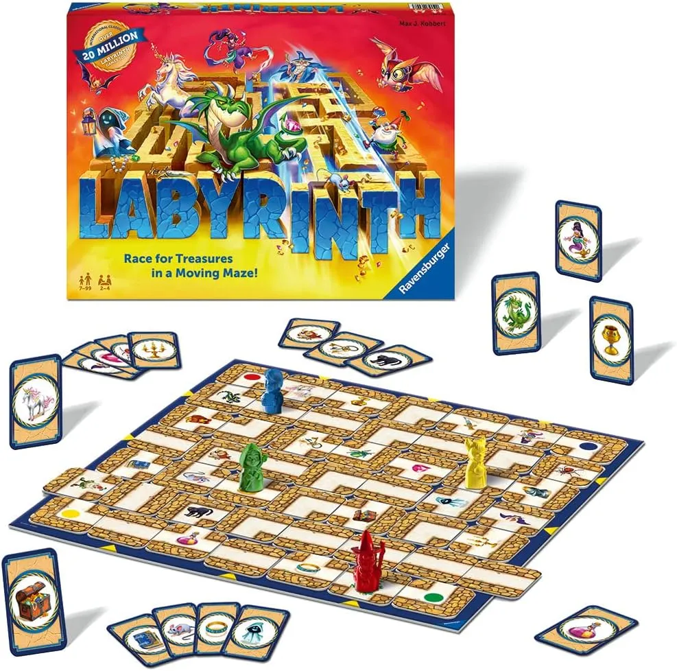 A Labyrinth box with a cardboard playing board in front of it, with lots of tiles on top