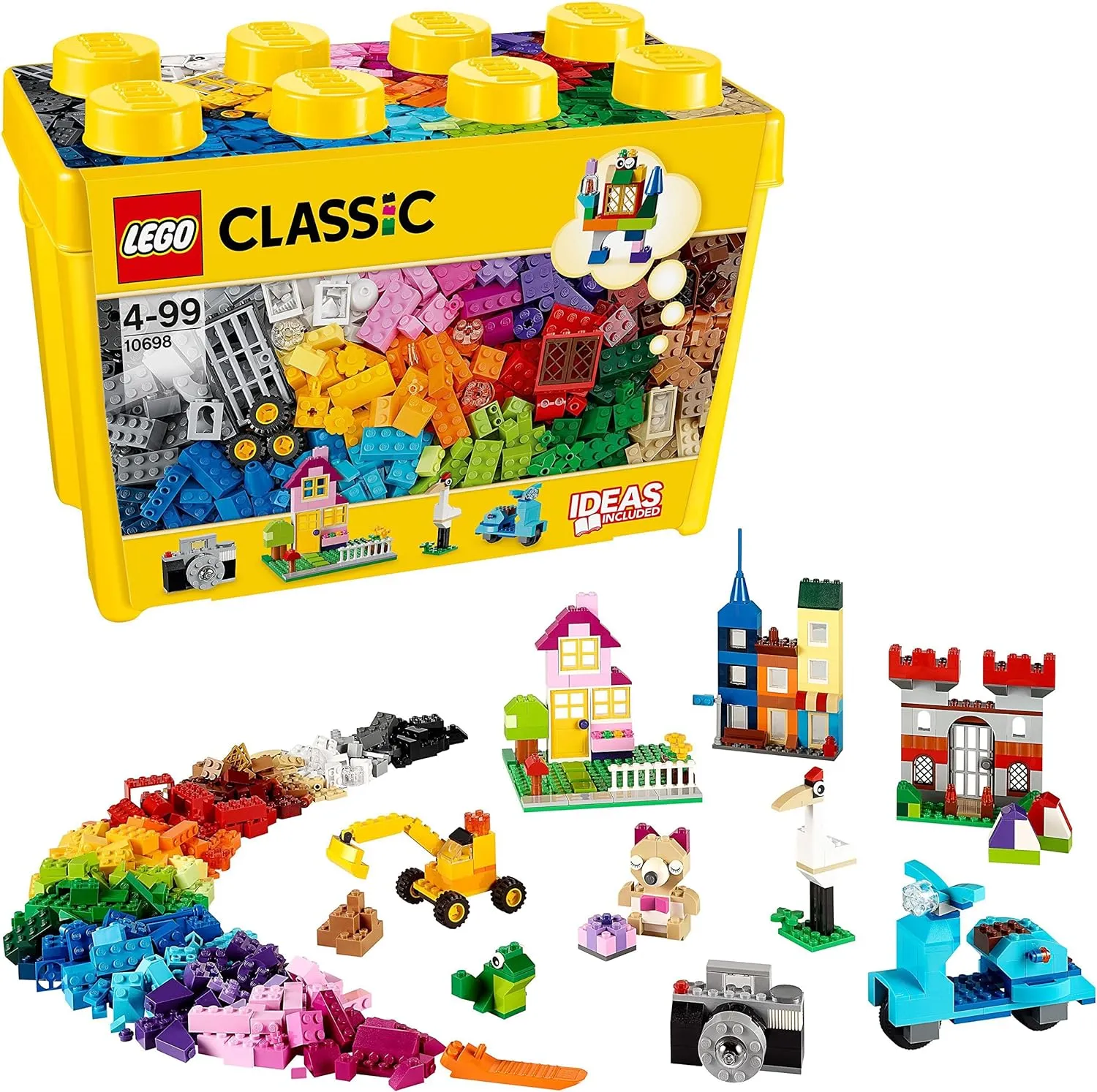 A box with assorted lego shapes in it