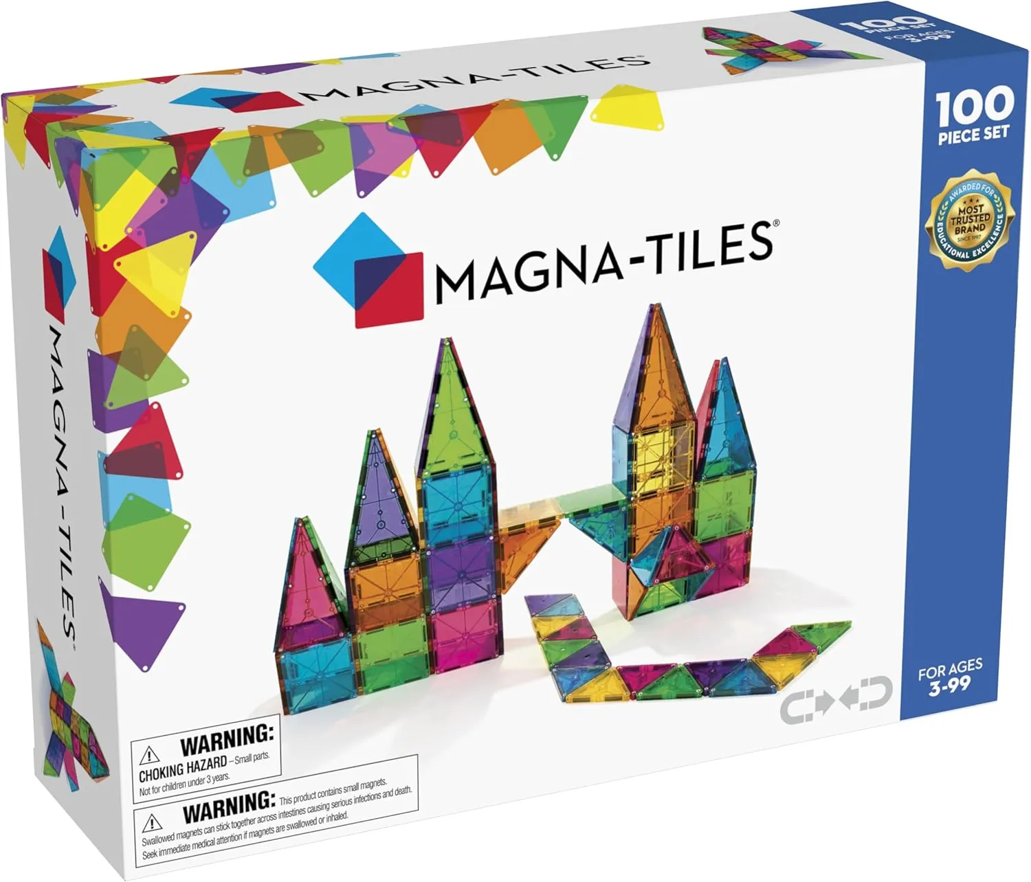 A box labelled Magna Tiles with colorful rectangular, square and triangle plastic shapes.