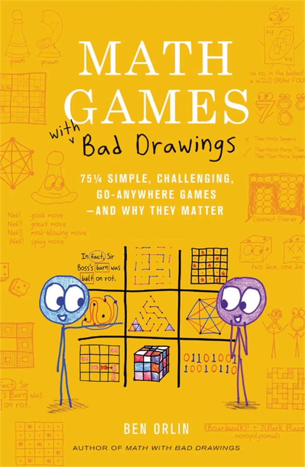 A yellow book called Maths Games With Bad Drawings featuring cartoon stick people