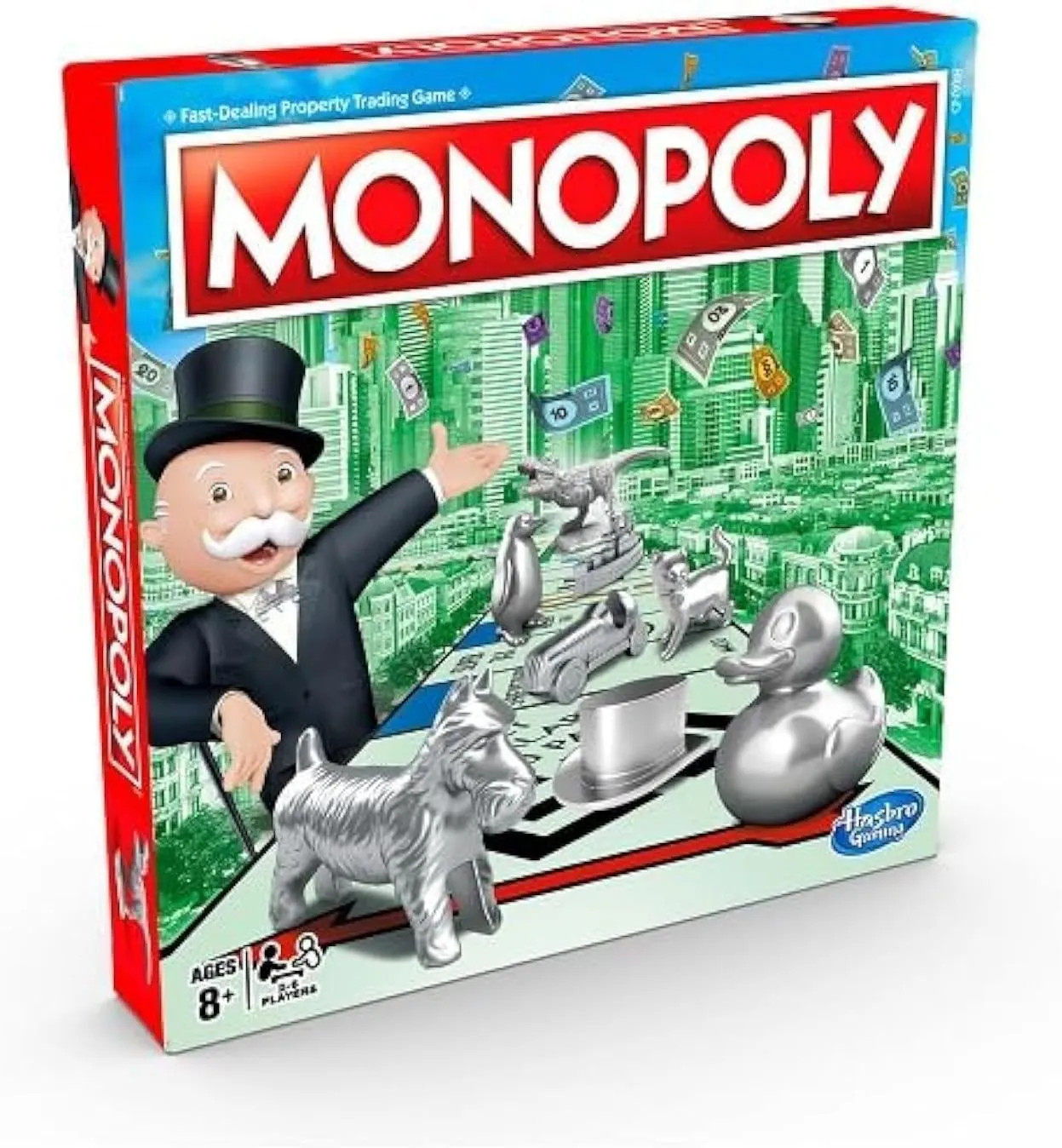 The classic Monopoly board with an old man in a top hat with arms out-stretched