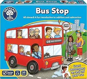 A box with a game called Bus Stop with a red bus on it