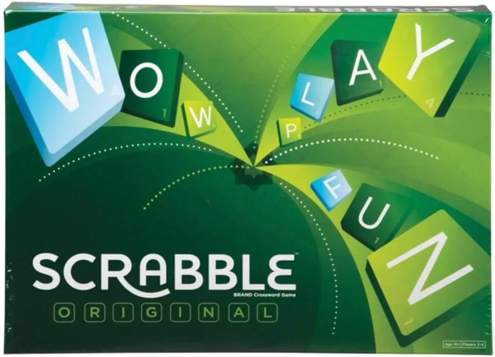 A green box with Scrabble written on it