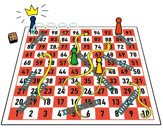 A red and white drawing of a Snakes and Ladders board that has been drawn by hand