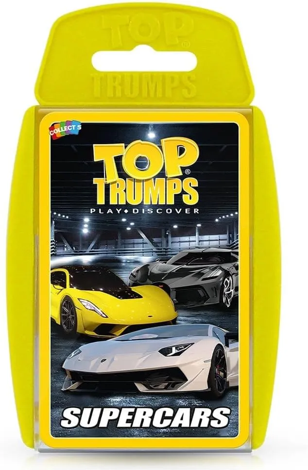 A Top Trumps playing deck with super cars on the front 