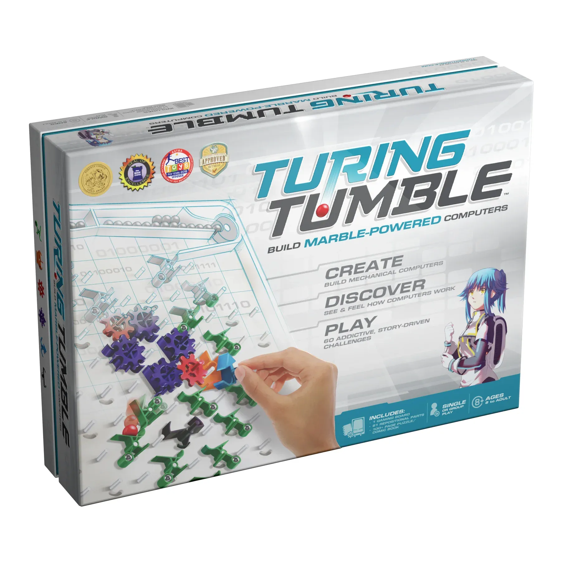 A Turing Tumble box showing a plastic white board with plastic levers and magnetic balls