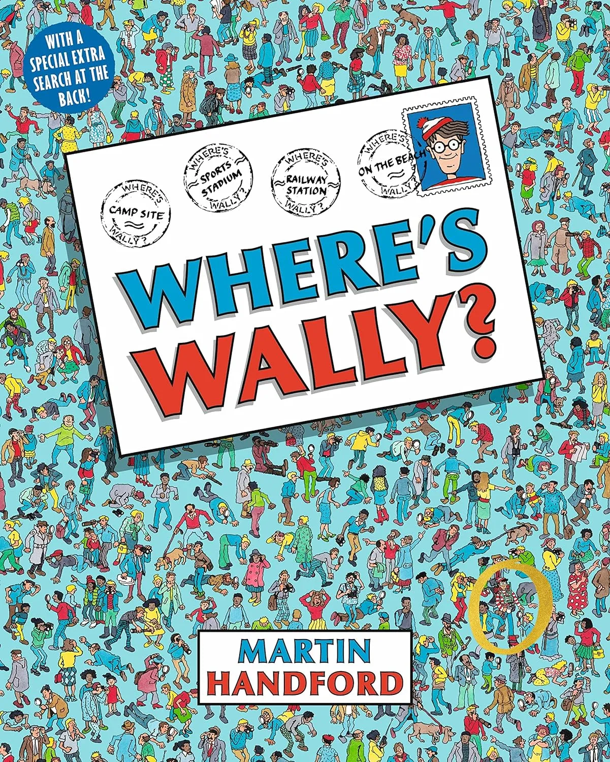 A blue Where's Wally Book with a large number of people on it